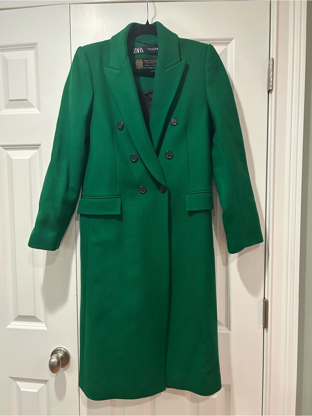 ZARA Manteco 75% Wool Green Long Double Breasted Coat XS